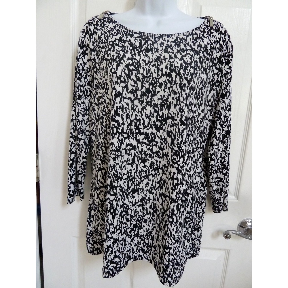 CHAUS XL Black White Abstract Shoulder Zip Pullover Top Career Office Blouse